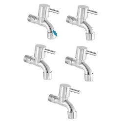 Stainless Steel Base Bib Cock Water Tap – 1/2\', 15mm – ABS Plastic Head Faucet for Kitchen, Bathroom & Wash Basin – Hot & Cold Water Compatible – Set of 5 (Silver)