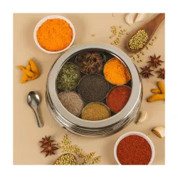 Stainless Steel Belly Shape Masala (Spice) Box/Dabba/Organiser With See Through Lid With 7 Containers (140 ML) And Small Spoon (Medium, D - 18.5Ccm H-7.5Cm. 1.5L)