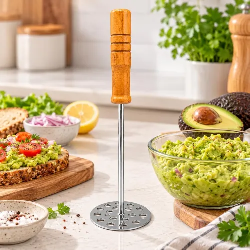 Image of Stainless Steel Potato Masher with Wooden Handle