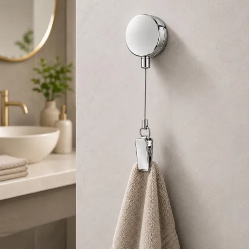 Image of Stainless Steel Retractable Towel Holder Clip with Self Adhesive Wall Mount