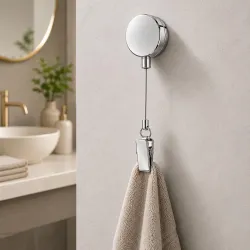 Stainless Steel Retractable Towel Holder Clip with Self Adhesive Wall Mount - Punch Free Dish Cloth Hanger with 60 cm Pull Cord for Kitchen Bathroom Hand Towels, Rags & Cleaning Cloths