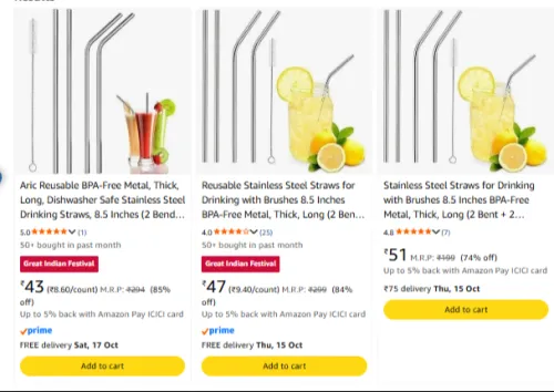 Image of Stainless Steel Reusable Metal Straws at minimum 53% Discount