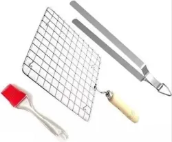 Stainless Steel Roasting Jaali Net with Cooking Tong and Oil Brush