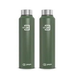 Water Bottle 1 ltr Stainless Steel Sports/Fridge Bottle with Steel Cap (Pack of 2) | 1-Year Warranty | Single Wall | For Home, Office, Travelling | Lightweight | Chromo 950ml | Military Gree...