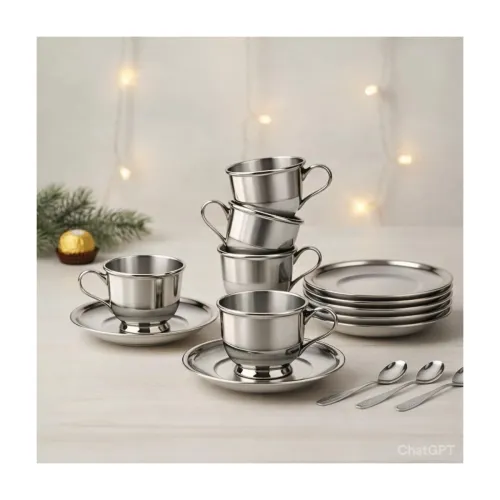 Image of Stainless Steel Tea Cup and Saucer Set with Spoon 180ml So6