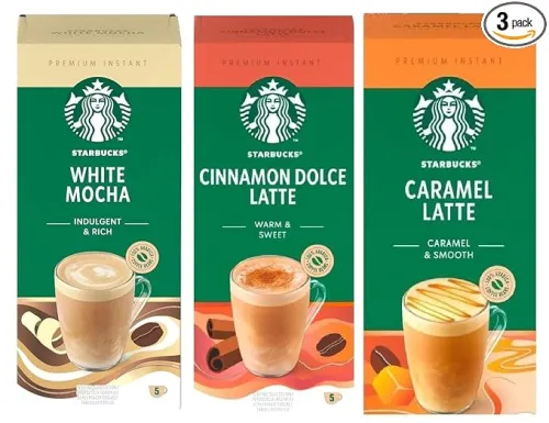 Image of Starbucks Variety Pack Premium Instant Coffee Flavours inc. White Mocha, Caramel Latte, and Cinnamon Dolce. Pack By Savo