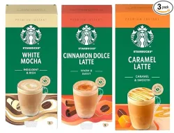 Starbucks Variety Pack Premium Instant Coffee Flavours inc. White Mocha, Caramel Latte, and Cinnamon Dolce. Pack By Savo