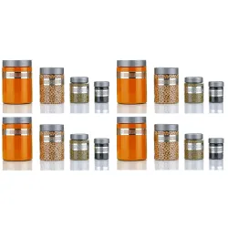 Black Olive Kitchen Storage Jar - 1200ml, 650ml, 350ml & 250ml Transparent Plastic Containers with Lid & Spoon, Star Line Food Storage Dabba Boxes for Pulses, Snacks, Spices (Silver, 16pc)