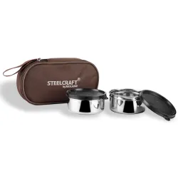 Steelcraft Premium Beige Lunch Box | Stainless Steel - 2 Containers | School & Office Use | with Insulated Bag | 350 ml x 2 | Leaf Proof & Air Tight - Brown