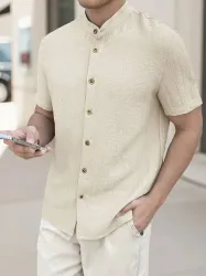 sti  Men Regular Fit Self Design Mandarin Collar Casual Shirt