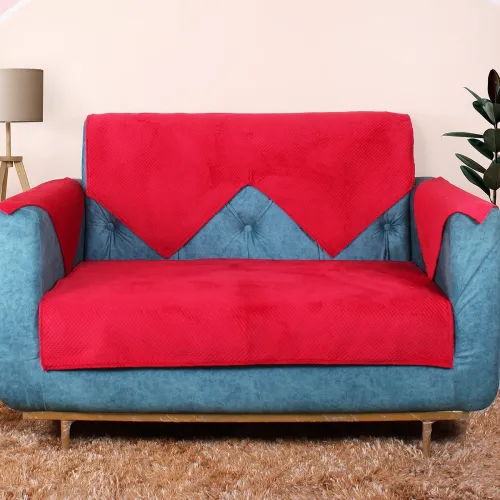 Image of STITCHNEST 3 Seater Quilted Velvet Sofa Cover Protector, Red