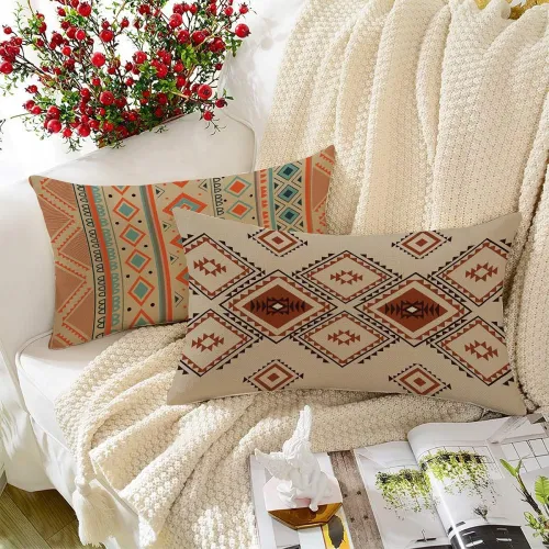 Image of STITCHNEST Aztek Brown Printed Poly Cotton Rectangular Cushion Cover