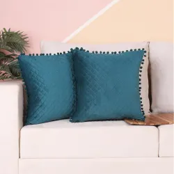 STITCHNEST Both Side with Pompom Quilted Velvet Cushion Cover Set of 2