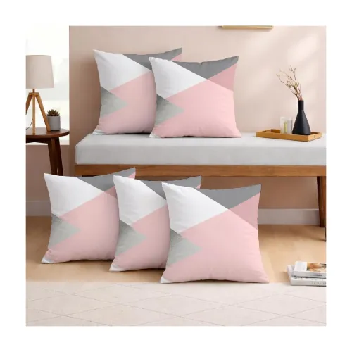 Image of STITCHNEST Pink & Grey Geometrical Printed Poly Cotton Cushion Covers, Set of 5
