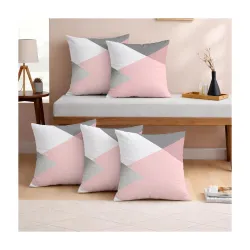 STITCHNEST Pink & Grey Geometrical Printed Poly Cotton Cushion Covers, Set of 5