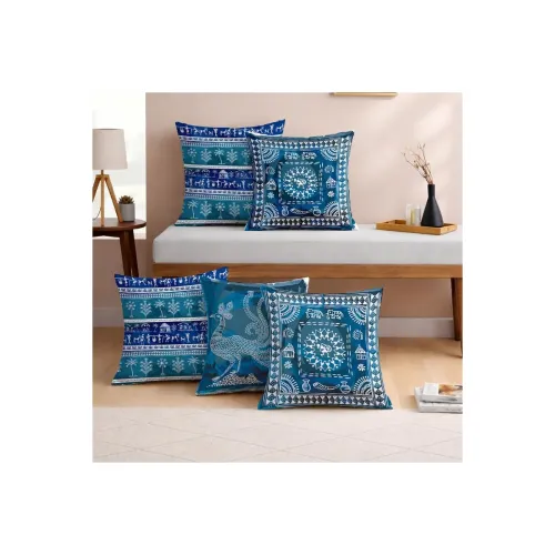 Image of STITCHNEST Indigo Tribal Warli Art Printed Cushion Cover Set of 5 