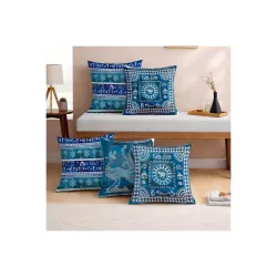 STITCHNEST Indigo Tribal Warli Art Printed Cushion Cover Set of 5 