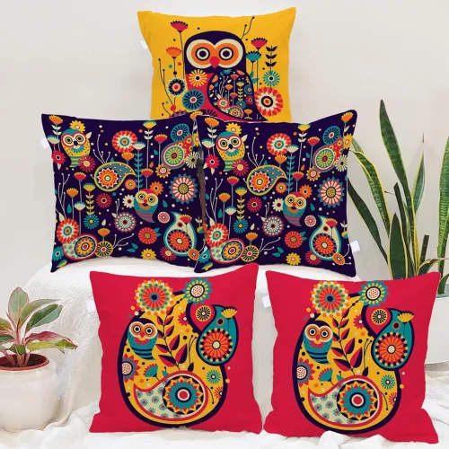 Image of STITCHNEST Owl Print Poly Cotton Cushion Covers Set of 5