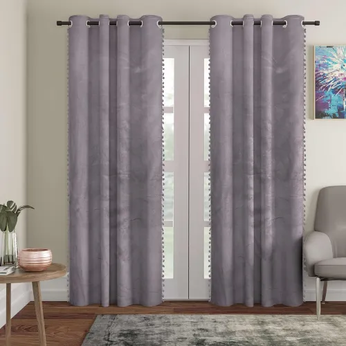 Image of STITCHNEST Grey Velvet Pom Pom Door Curtain