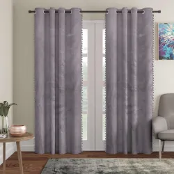 STITCHNEST Grey Velvet Pom Pom Door Curtain