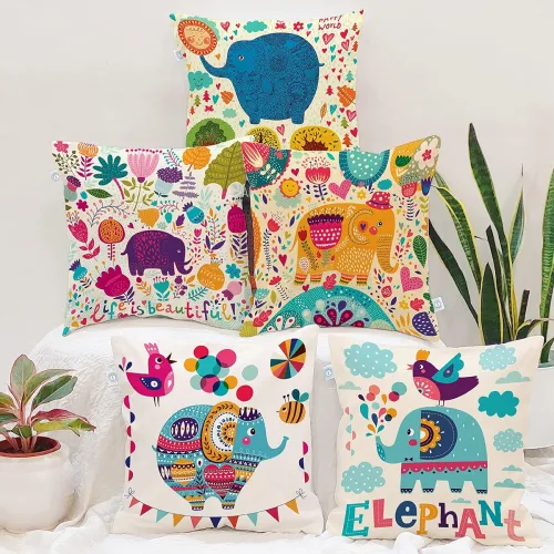 Image of STITCHNEST Multicolor Elephant Jungle Cushion Covers