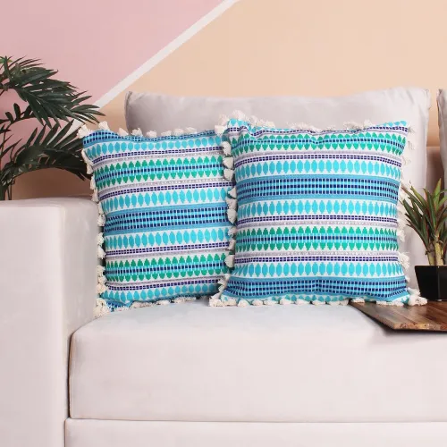 Image of Stitchnest Woven Cushion Covers with Tassels Set of 2