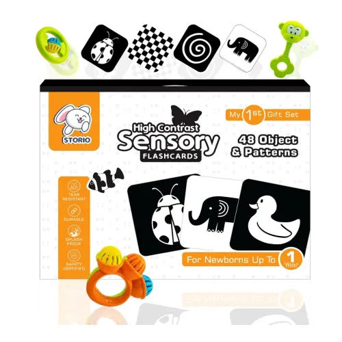 Image of Storio Newborn Black & White Flash Cards & 3-Piece Rattle Set