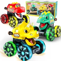 Storio 3 Pack Dinosaur Car Toys, Press & Go Dino Monster Truck Set with Light Up LED Wheels, Friction Powered, for Kids 2-8 Years, Birthday Gift