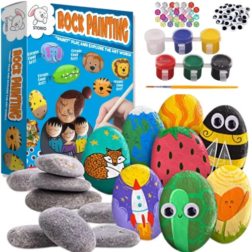 Image of Storio Rock Painting Kit with Googly Eyes, Gems, Water Colours, Arts and Crafts Activity Set for Kids