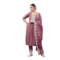 Stylum Womens Embroidered Silk Blend Straight Kurta with Pant & Dupatta