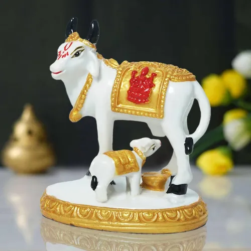 Image of Sudaya Marble Kamdhenu Cow and Calf Handcrafted Statue 8.5cm