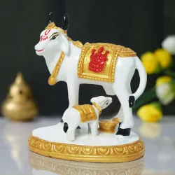 Sudaya Marble Kamdhenu Cow and Calf Handcrafted Statue 8.5cm