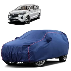 Sulfar 100% Water Resistant Car Body Cover Compatible with Mirror for Toyota Rumion(Ertiga) (Triple Stitched, Full Bottom Elastic, Blue Tafetta with Red Piping)