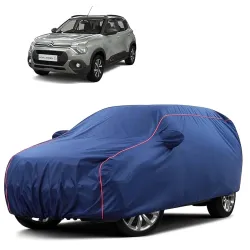 Sulfar 100% Water Resistant Car Body Cover Compatible with Mirror for CITROËN C3 (Triple Stitched, Full Bottom Elastic, Blue Tafetta with Red Piping)