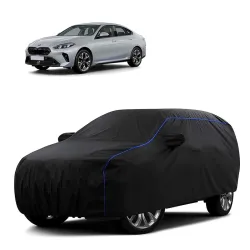 Sulfar 100% Water Resistant Car Body Cover Compatible with Mirror for BMW 2 Series Gran Coupe (Triple Stitched, Full Bottom Elastic, Black Tafetta with Blue Piping)