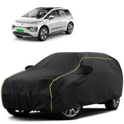 Sulfar 100% Water Resistant Car Body Cover Compatible with Mirror For MG Windsor EV (Triple Stitched, Full Bottom Elastic, Black Tafetta with Yellow Piping)