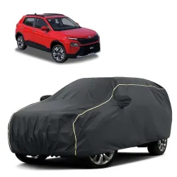 Sulfar 100% Water Resistant Car Body Cover Compatible with Mirror for Skoda Kylaq (Triple Stitched, Full Bottom Elastic, Dark Grey Tafetta with Yellow Piping)