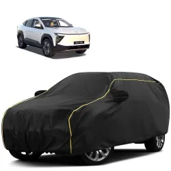 Sulfar 100% Water Resistant Car Body Cover Compatible with Mirror for Mahindra XEV 9e (Triple Stitched, Full Bottom Elastic, Black Tafetta with Yellow Piping)