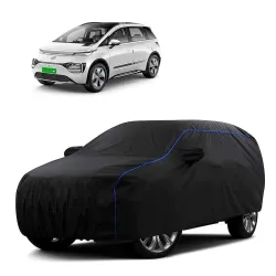 Sulfar 100% Water Resistant Car Body Cover Compatible with Mirror for MG Windsor EV (Triple Stitched, Full Bottom Elastic, Black Tafetta with Blue Piping)