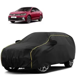 Sulfar 100% Water Resistant Car Body Cover Compatible with Mirror for Volkswagen Virtus (Triple Stitched, Full Bottom Elastic, Black Tafetta with Yellow Piping)