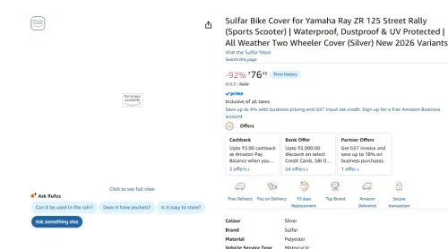 Image of Sulfar Bike Cover for Yamaha Ray ZR 125 Street Rally (Sports Scooter) 