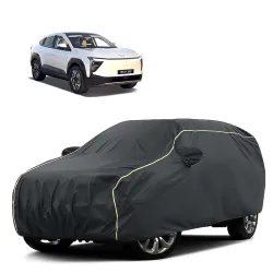 Sulfar 100% Water Resistant Car Body Cover Compatible with Mirror for Mahindra XEV 9e (Triple Stitched, Full Bottom Elastic, Dark Grey Tafetta with Yellow Piping)