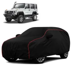 Sulfar 100% Water Resistant Car Body Cover Compatible with Mirror for Force Gurkha (Triple Stitched, Full Bottom Elastic, Black with Red Piping)