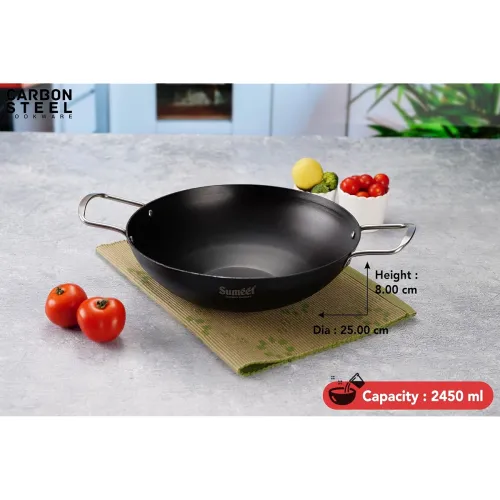 Image of Sumeet Pre Seasoned Carbon Steel Deep Kadai 25cm 2450ml