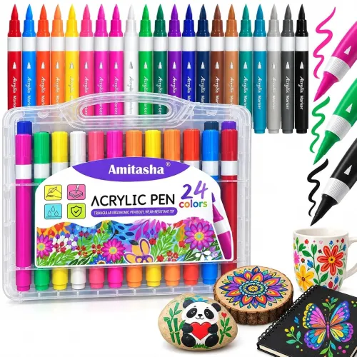 Image of SUPER TOY Acrylic Paint Markers Brush Tip 24 Colors Art Markers Pen Set Soft