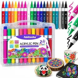 SUPER TOY Acrylic Paint Markers Brush Tip 24 Colors Art Markers Pen Set Soft