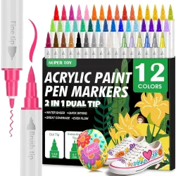 SUPER TOY 12 Shades Dual Tip Acrylic Brush Markers Paint Pen Set for Kids Adult Colouring Drawing Art Craft Educational Gifts School Supply