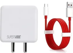 SuperVOOC 80W Fast Charging Adapter and Cable Set, USB-C Compatible with White Charger with Red Cable