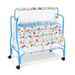 Amazon Brand - Supples Baby Cradle with Swing & Mosquito Net | 0–8 Months | Swing Lock | 4 Wheels with Brake | Soft & Comfortable for Baby Sleep | Sturdy Mild Steel Frame | Blue