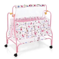 Amazon Brand - Supples Baby Cradle with Swing & Mosquito Net | 0–8 Months | Swing Lock | 4 Wheels with Brake | Soft & Comfortable for Baby Sleep | Sturdy Mild Steel Frame | Pink
